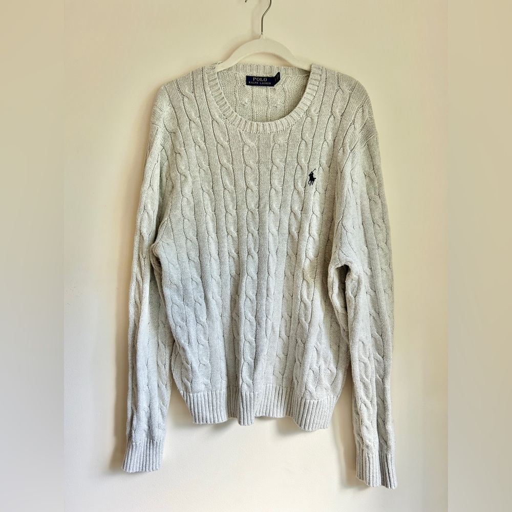Ralph Lauren Light Gray Cable Knit Sweater Large Cotton
